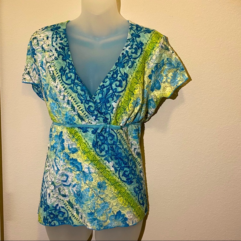 Dressbarn Blue Teal Green Lace Tunic